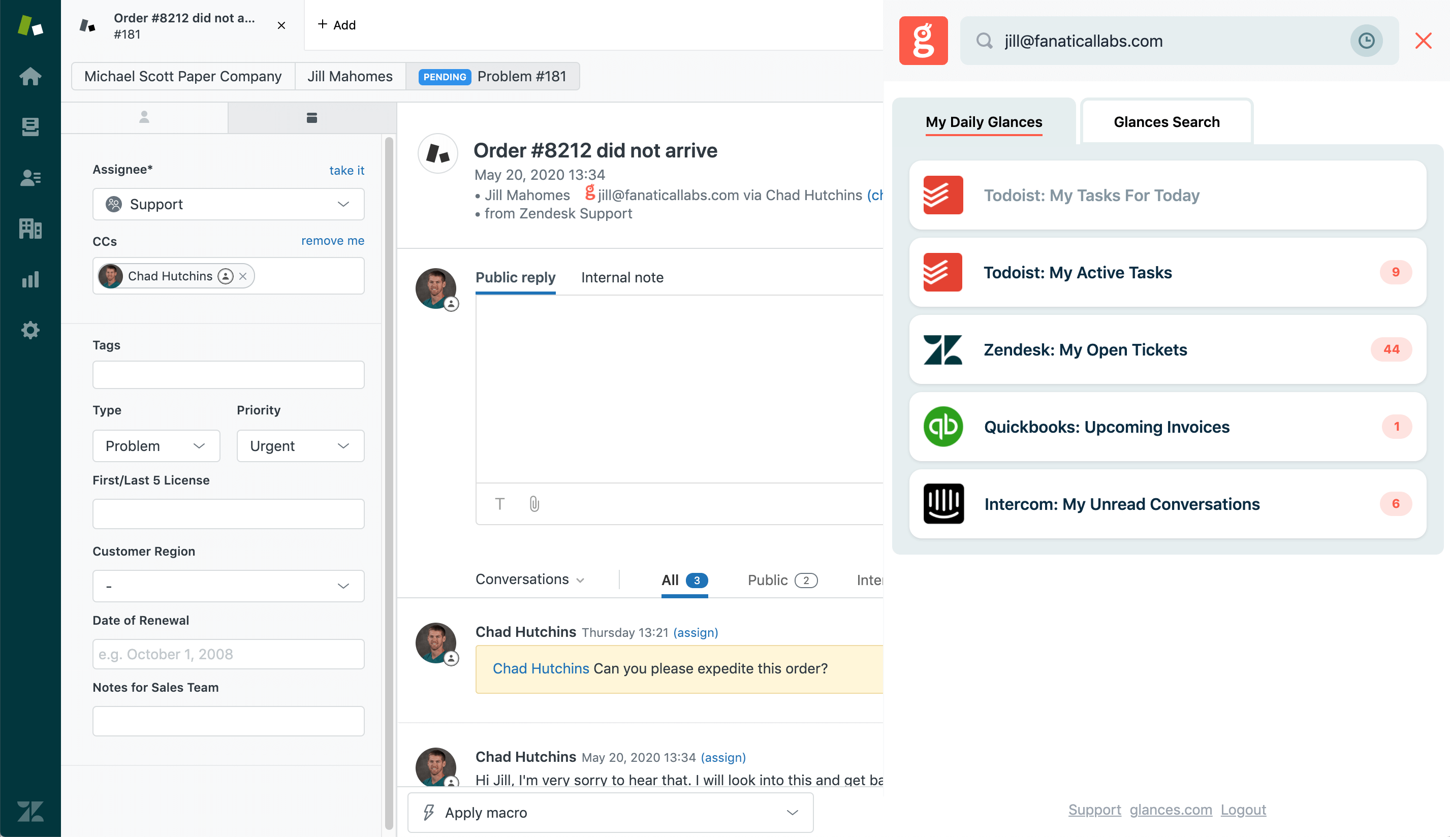 While working in Zendesk (or any app), view your Todoist tasks Screenshot showing how Todoist tasks can be seen while in Zendesk