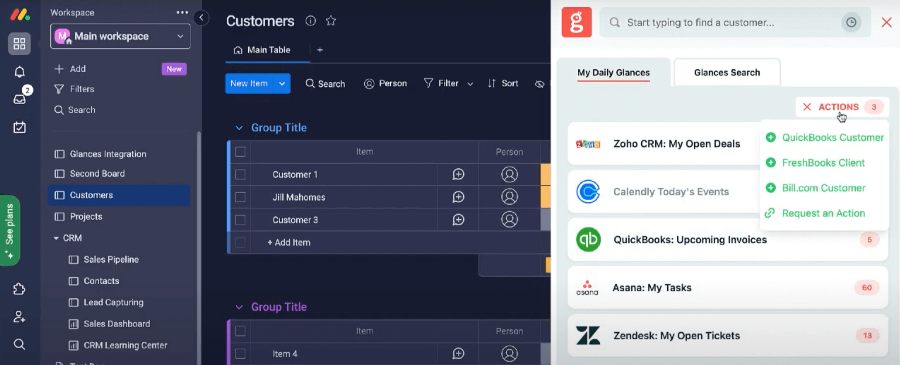 Create a Bill.com Customer Screenshot of Bill.com Actions available while in another app