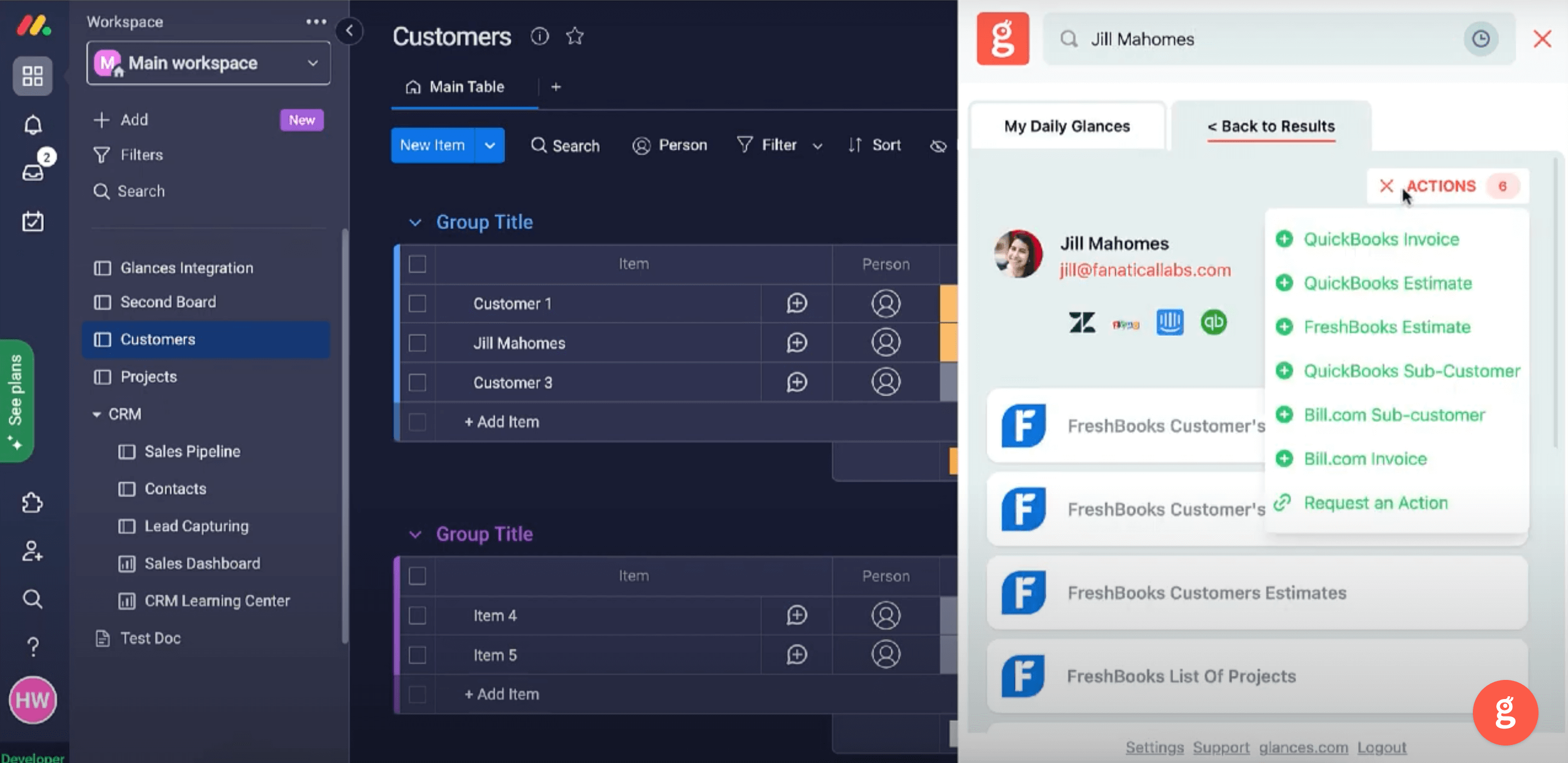 Customer does not exist yet? Create it from the search result page. Screenshot showing how Actions work on search results as well