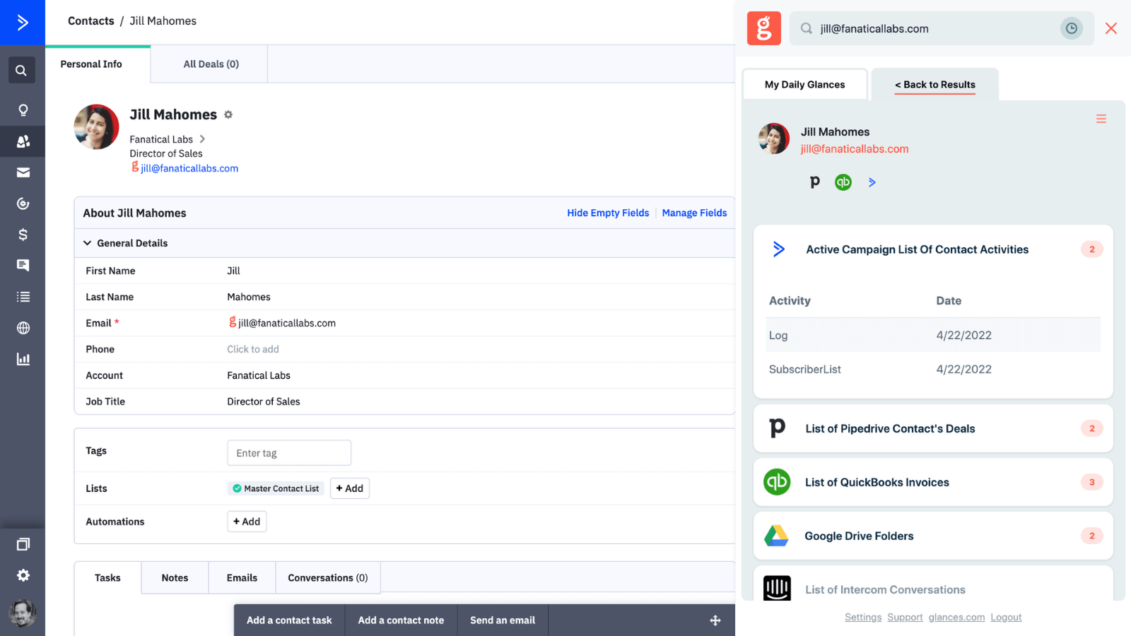 Screenshot of ActiveCampaign with a drilldown view of data in Glances