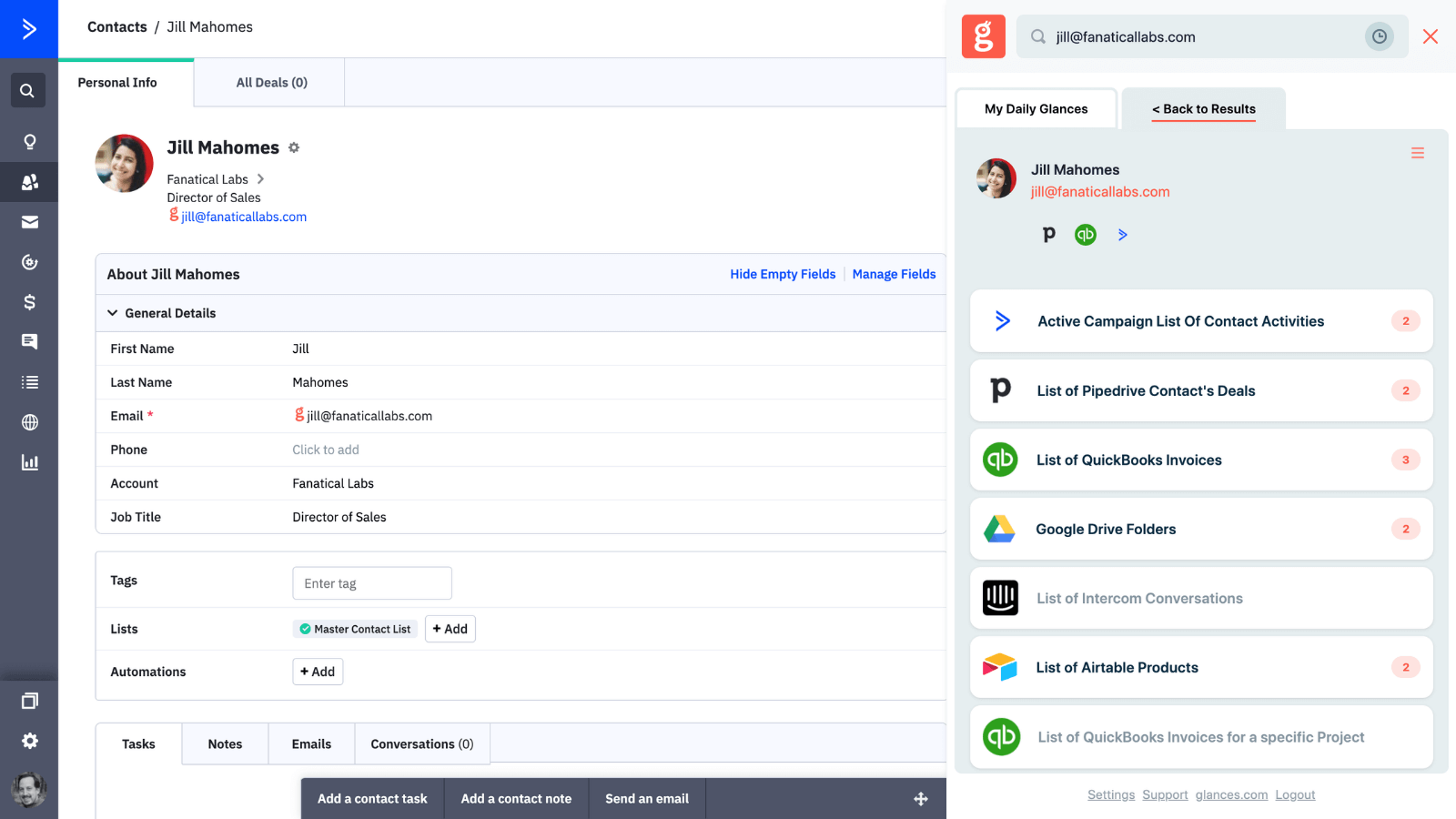 Screenshot of ActiveCampaign with the Glances overlay of all your data