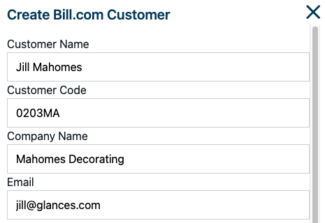Pre-filled data mapped from your monday.com board Screenshot of a pre-filled form to create a Bill.com customer
