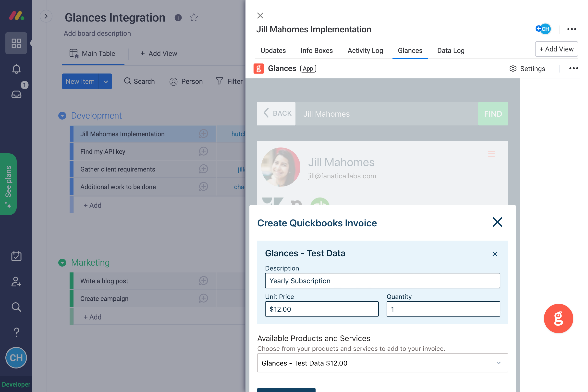 Create QuickBooks invoices while in Monday.com The create an invoice form