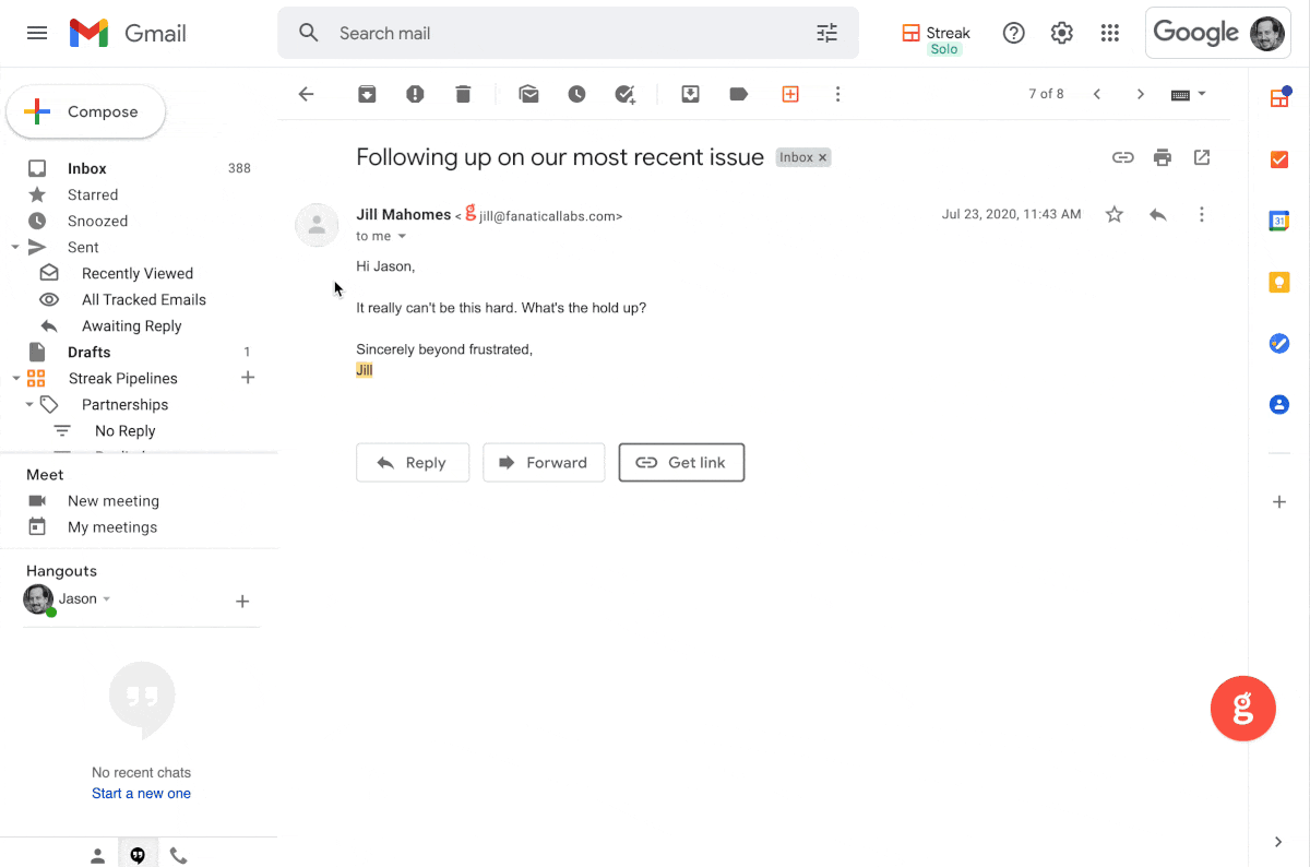 Click on the Glancey stamp or button to open the browser extension User clicking on Glancey stamp by an email address to open the Glances browser extension