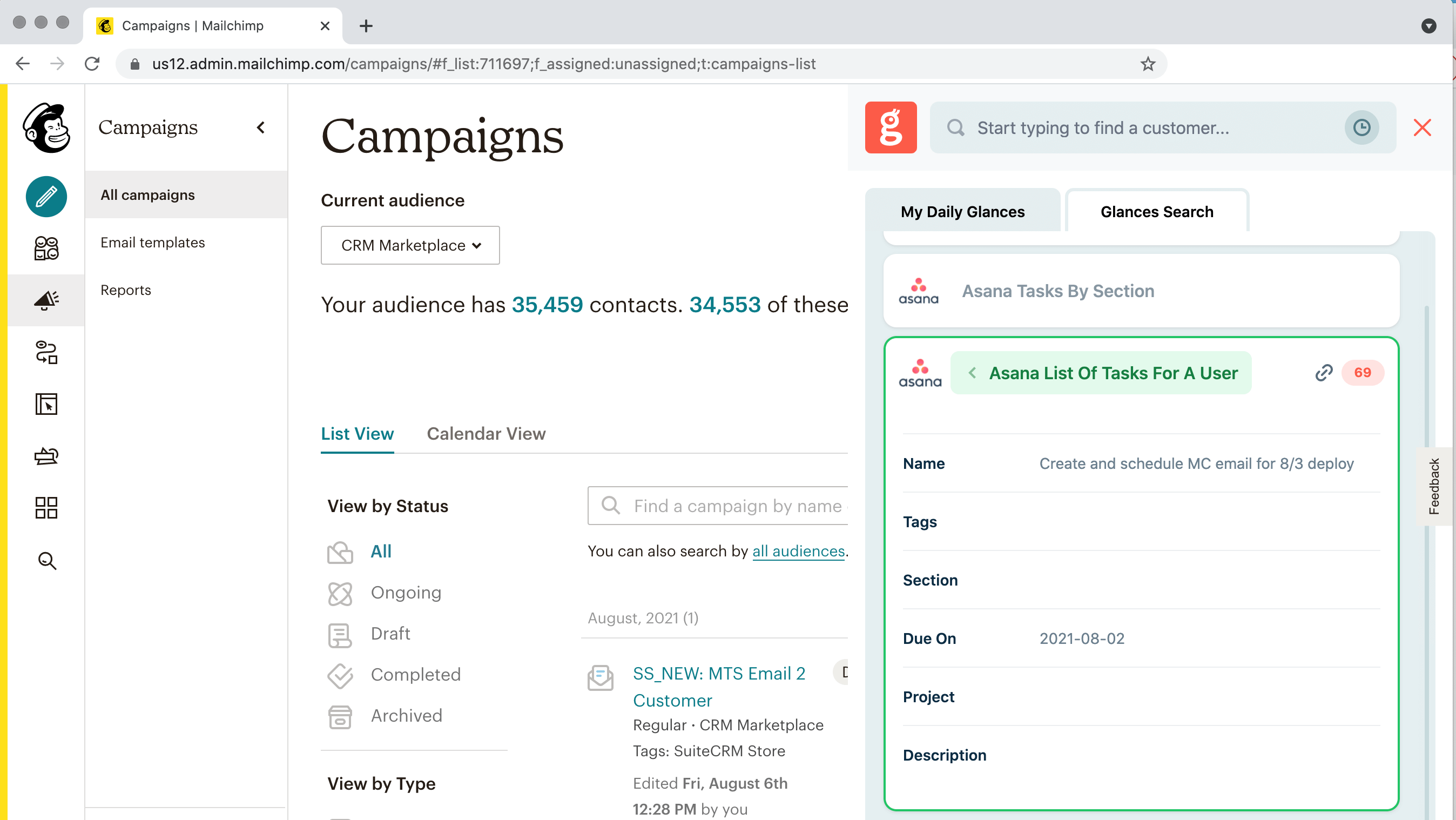 My Daily Glances shows your upcoming meetings and tasks Screenshot showing all assigned tasks from Asana while logged into Mailchimp