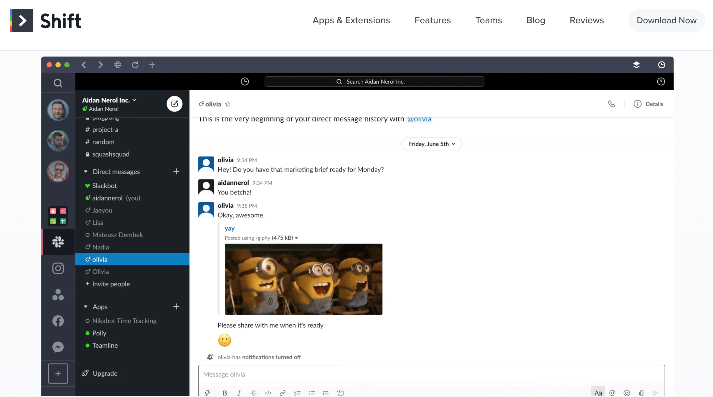 Shift: View of the customizable workspace Screenshot of Shift