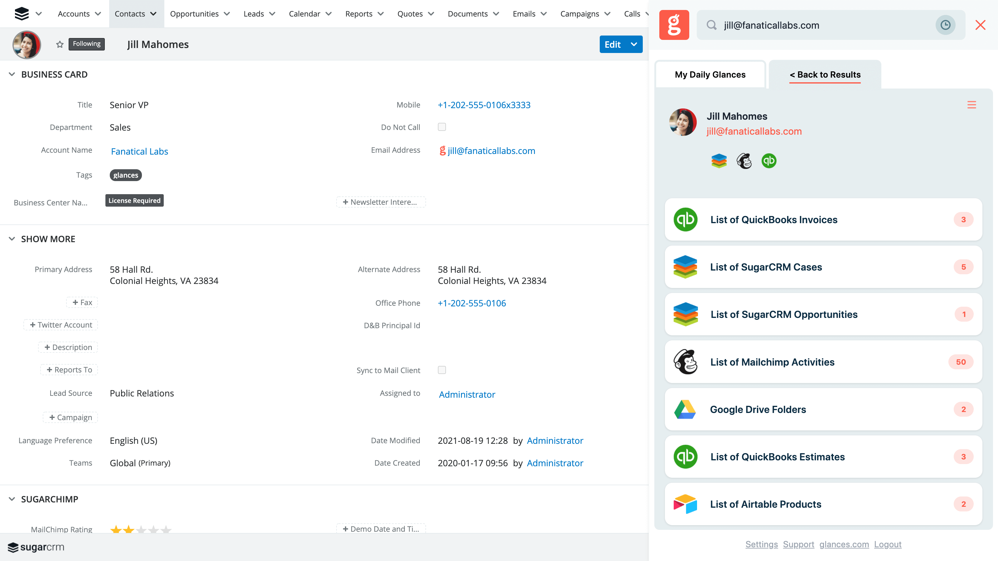 See a simple, single customer view from Glances Screenshot of Glances working with an app