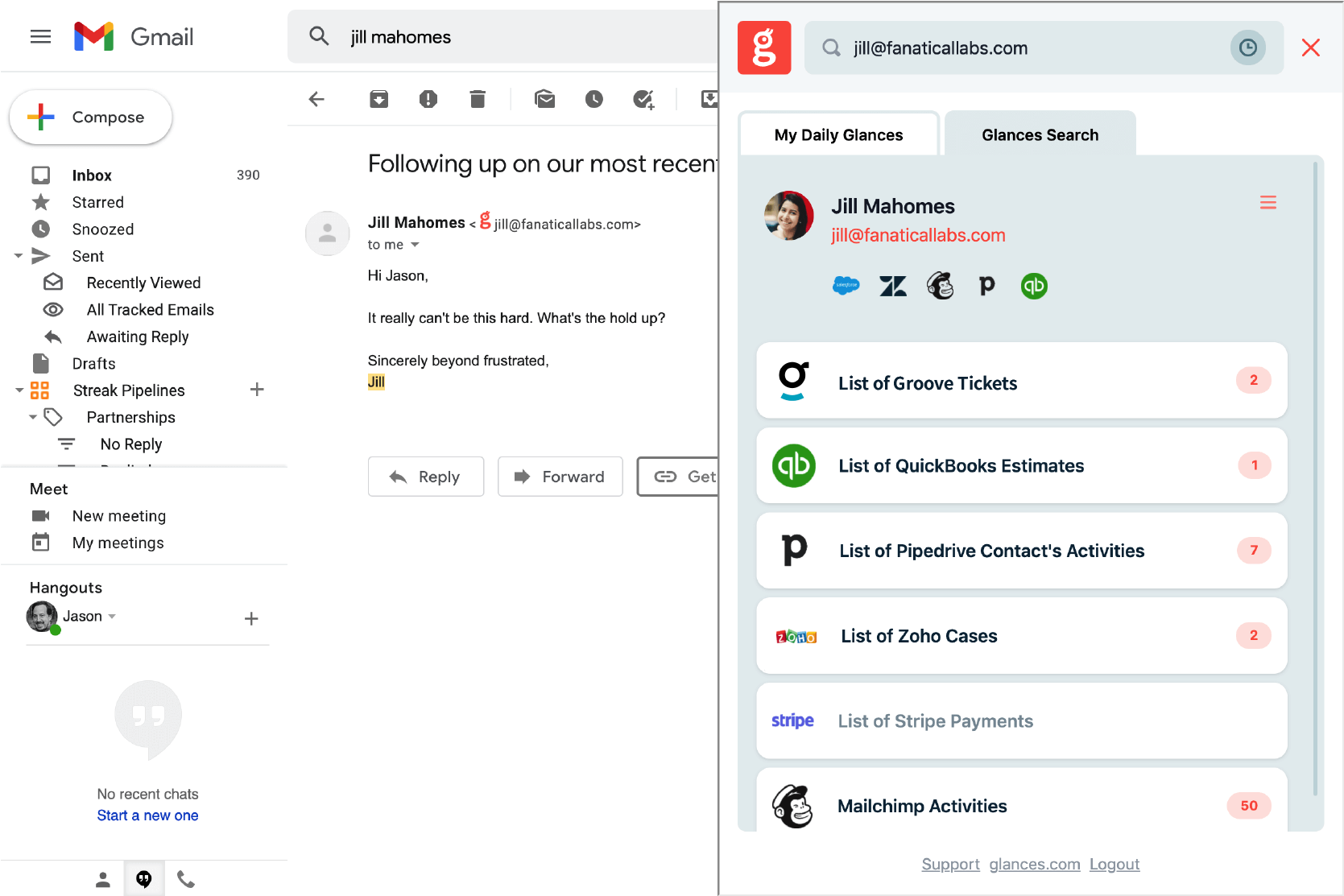 Screenshot of Groove tickets accessible while in apps such as Gmail