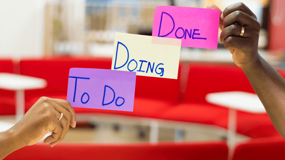 Note paper with the words To Do, Doing, and Done