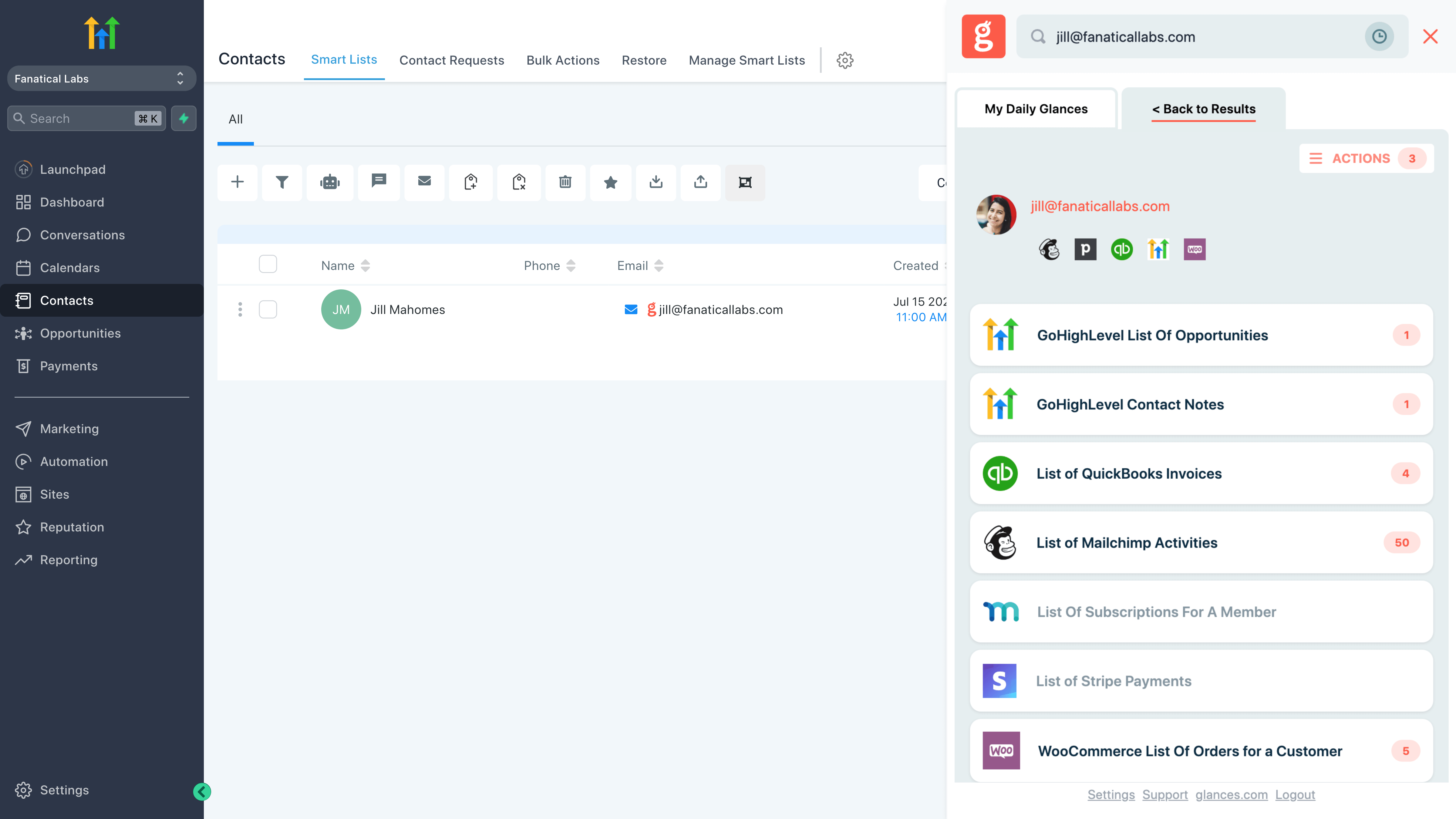View all data related to your contact from across your connected apps Screenshot viewing all your app data while in HighLevel including QuickBooks