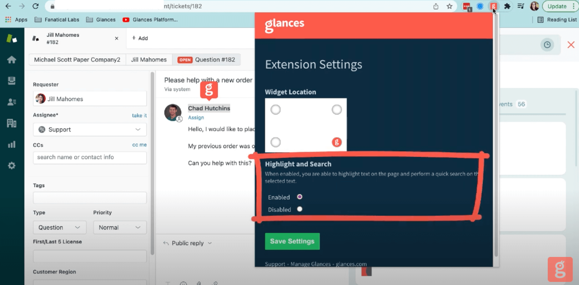 Extension Settings: Highlight and Search Screenshot of disabling the highlight feature