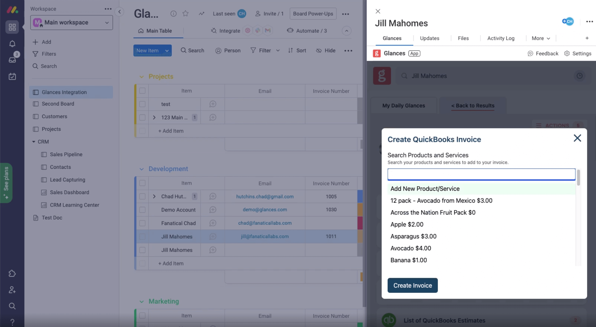 Screenshot of adding a new QuickBooks product in Glances
