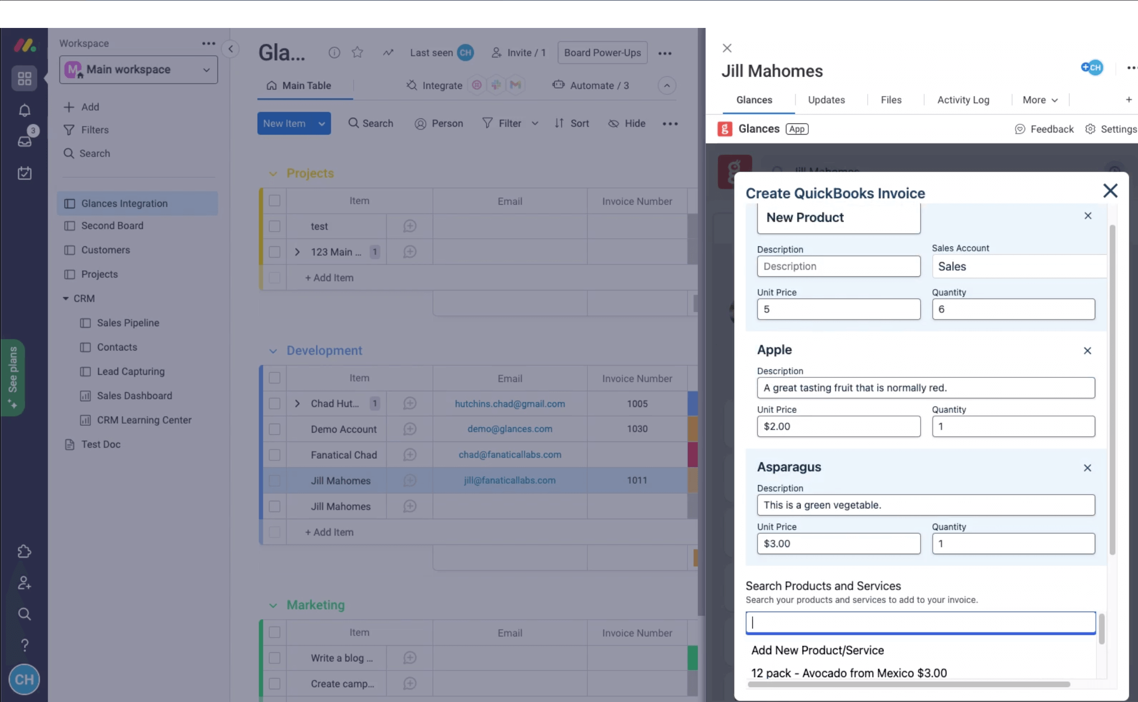 Screenshot of entering a new QuickBooks product in Glances
