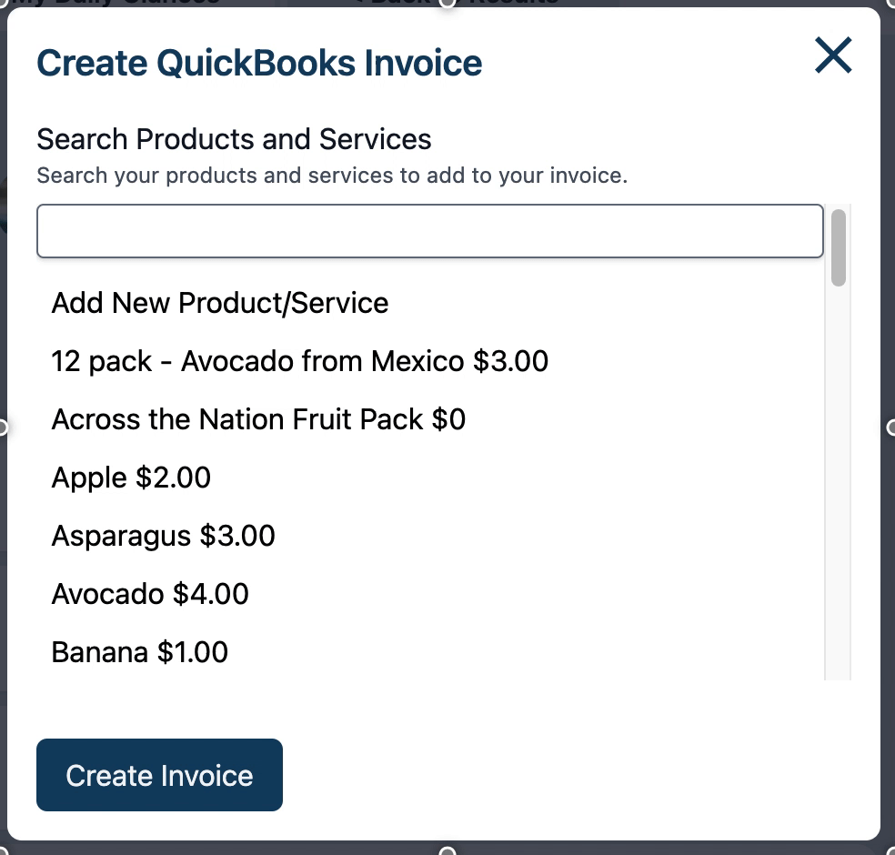 Screenshot of the Product or Service selection when creating a QuickBooks invoice