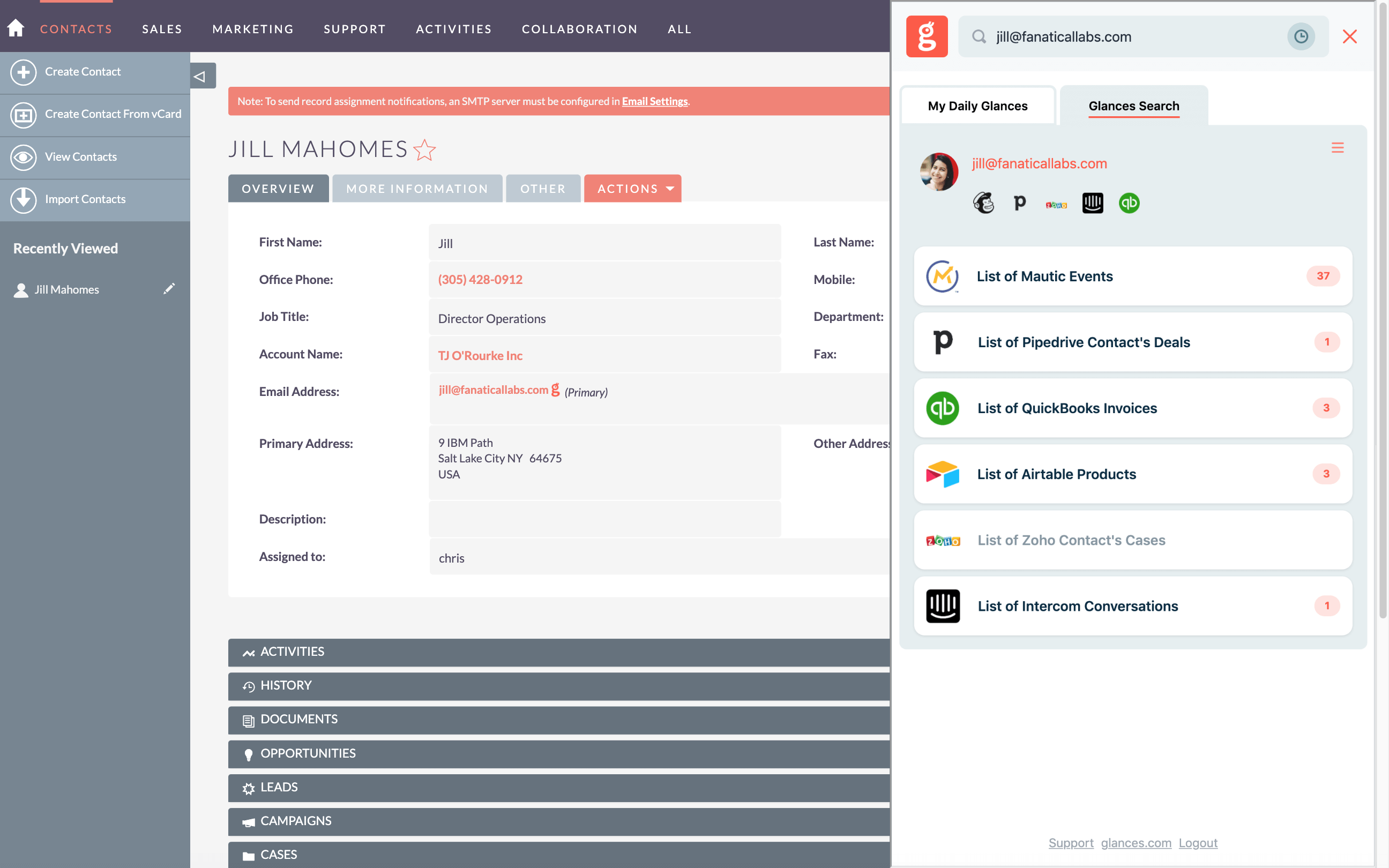 View relevant Mautic data while in any app, such as Mautic. Screenshot of Mautic events accessible while in apps such as SuiteCRM