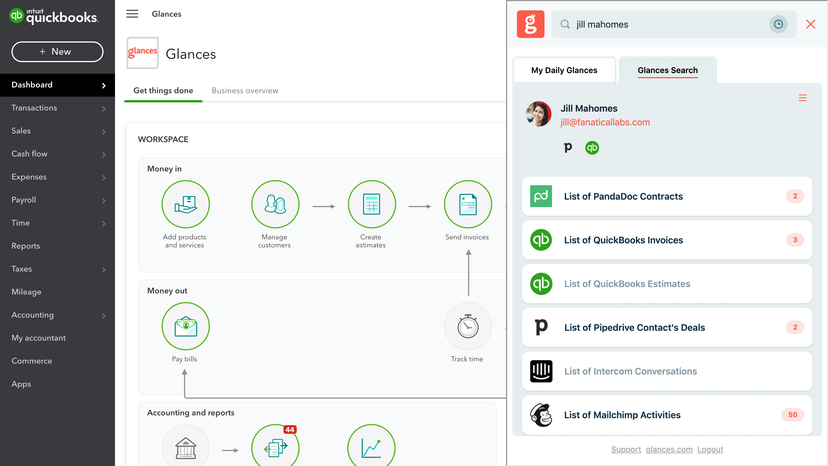 Find contracts in PandaDoc while using QuickBooks Screenshot of QuickBooks while looking up contracts in PandaDoc