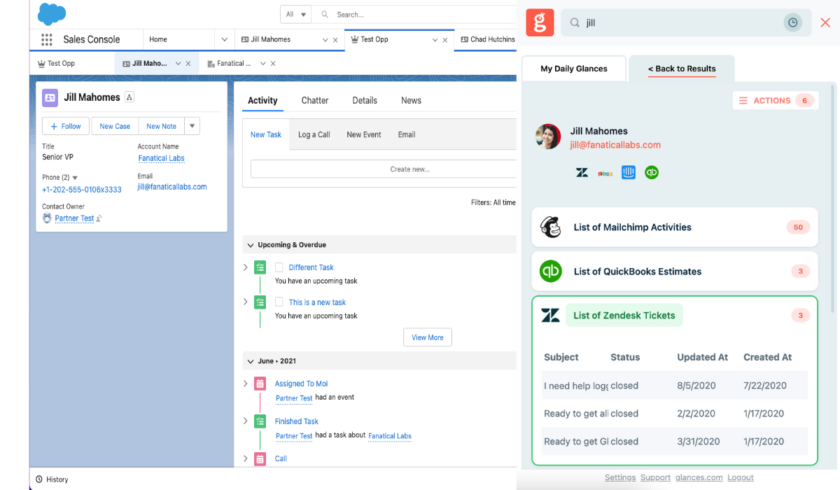 An instant view of your data, when you need it Product screenshot showing how one can see all Zendesk Tickets while using Salesforce