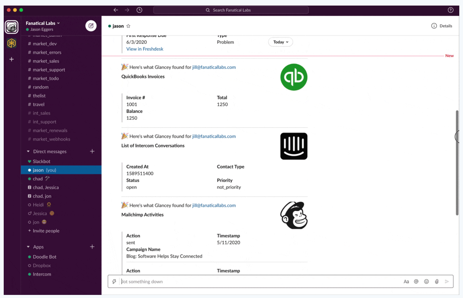 Slack displaying data from QuickBooks along with other apps Slack displaying data from QuickBooks along with other apps