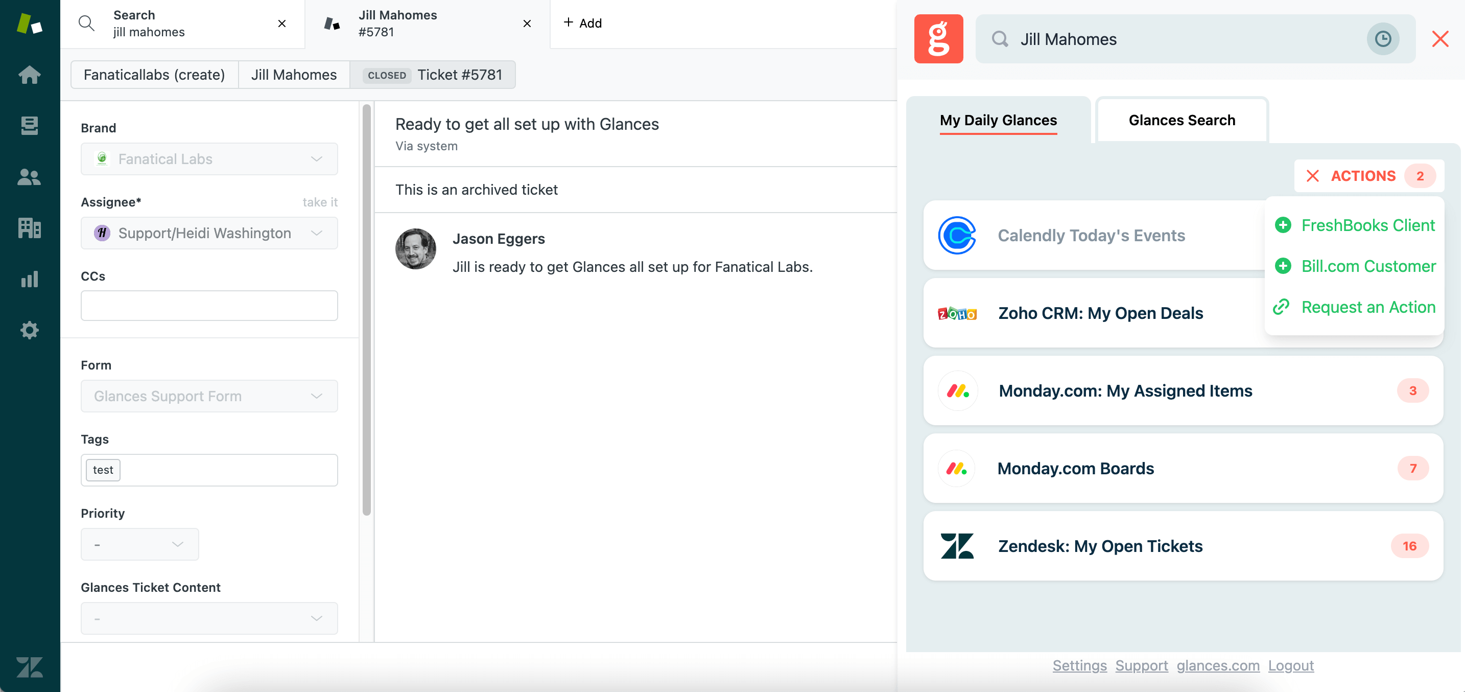 Quickly perform actions such as creating an invoice Screenshot of performing actions using Glances