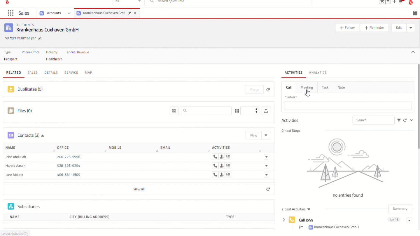 SpiceCRM makes it easy to track and view customer interactions Animation of how tracking customer activities works in SpiceCRM