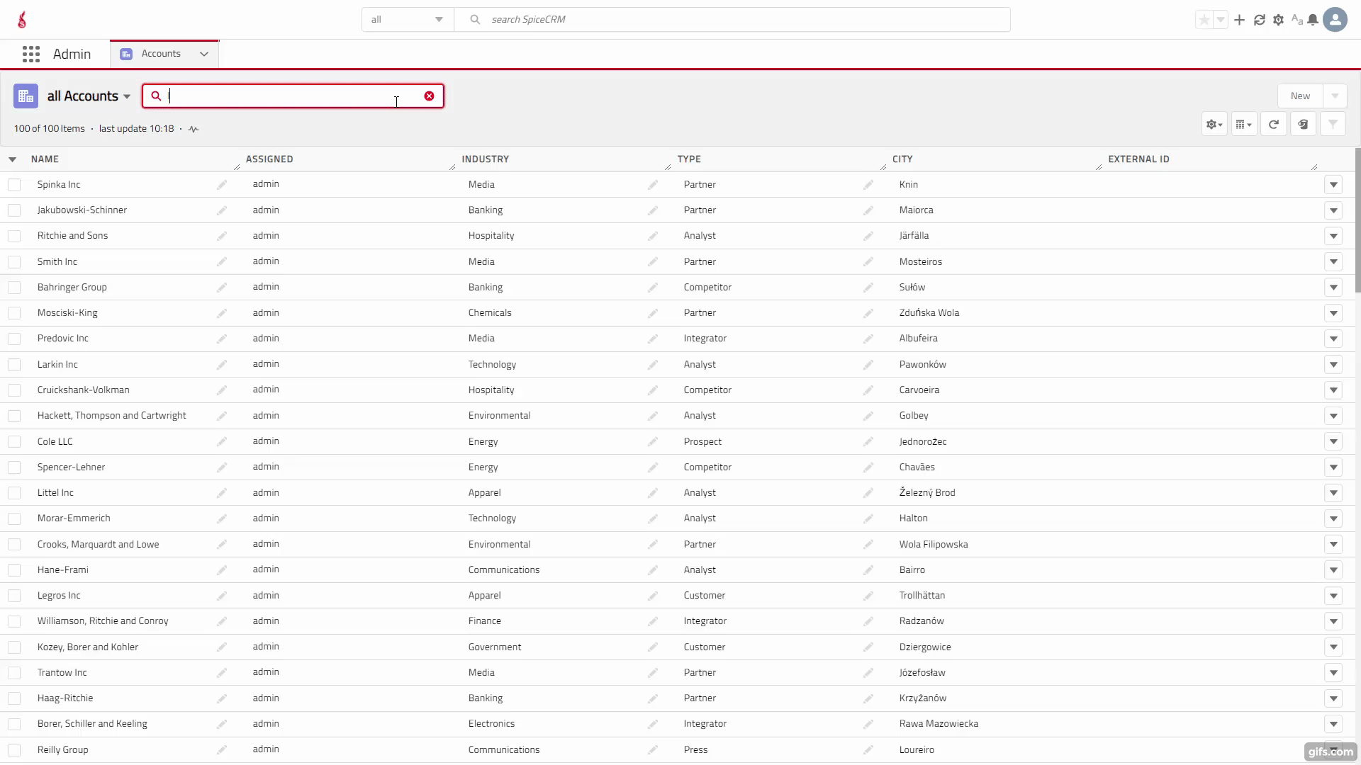 Quickly and efficiently find your data in SpiceCRM Screenshot of SpiceCRM displaying search results