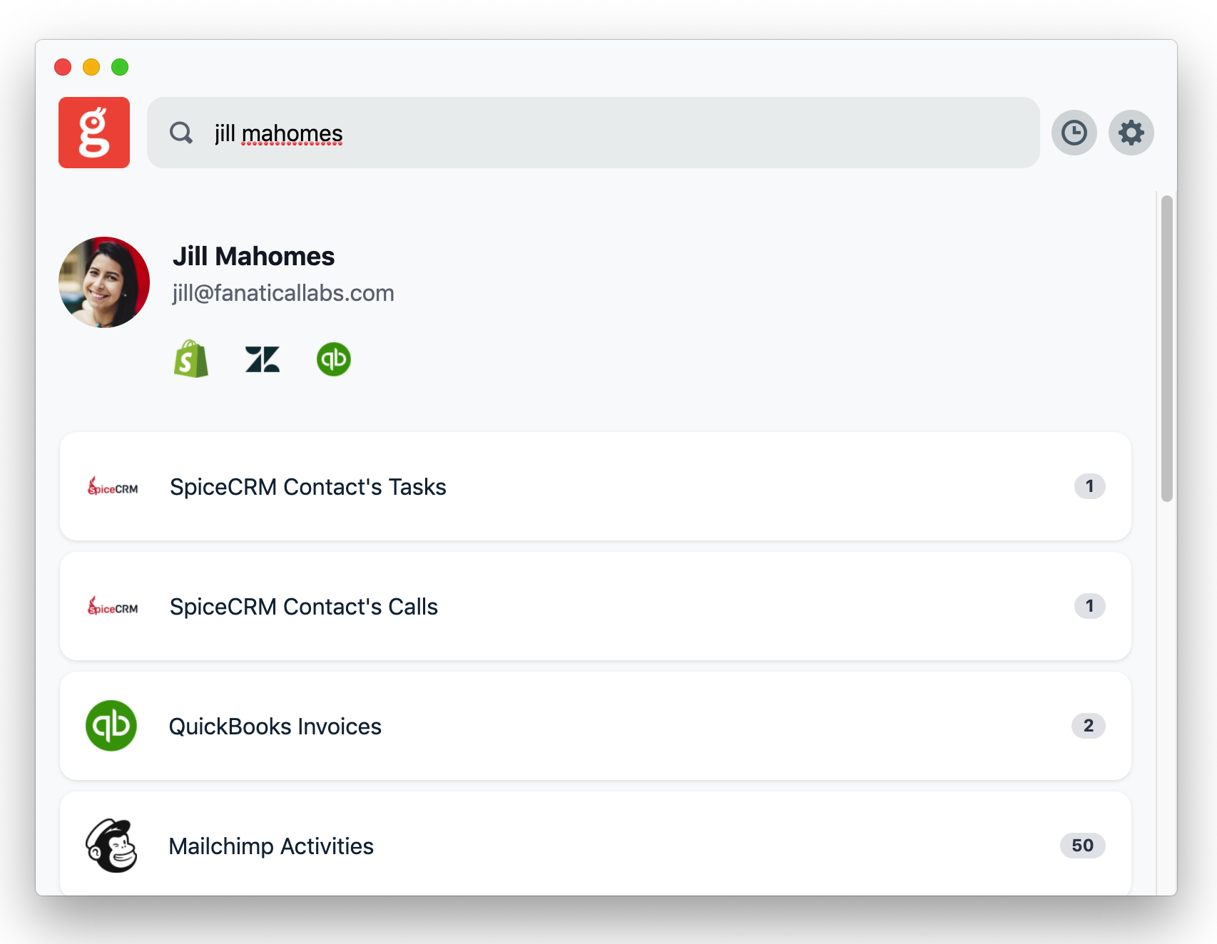Find customers and perform actions such as creating invoices Screenshot of a customer search in Glances