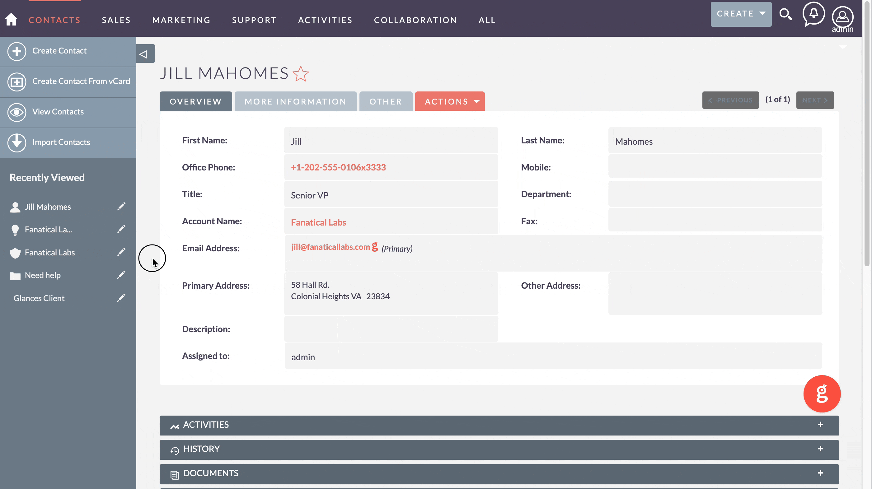 Search and Highlight to View Related Data Within SuiteCRM Product animation showing how a user can view more information about a record while in SuiteCRM